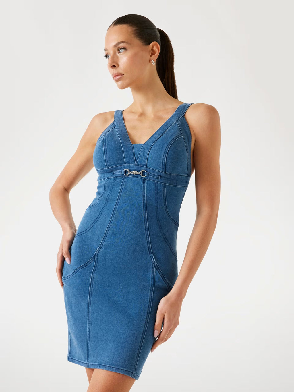 Robe premium – Mini robe bodycon denim de soie mélangée - Bleu